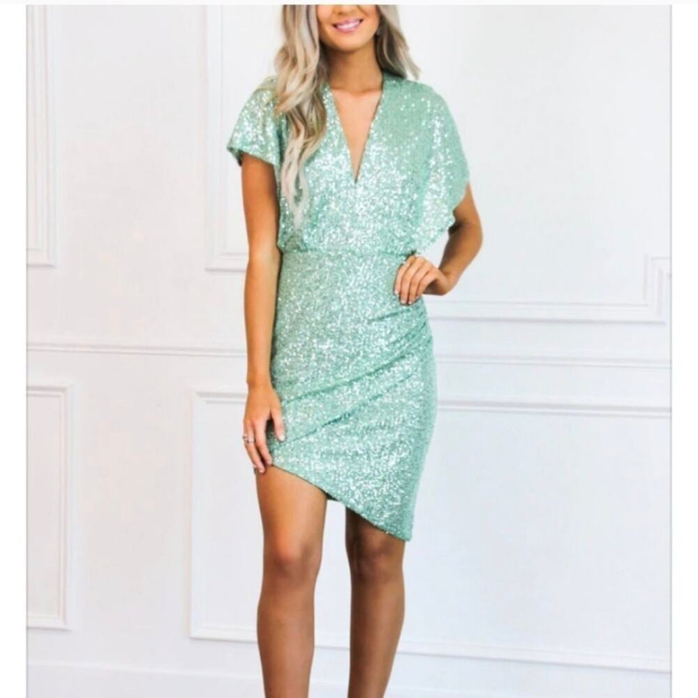 Women's Harlyn Mint Blue Sequin Dress XS Faux Wrap Front Cocktail Formal